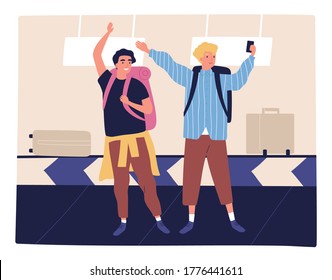 Two happy male friends taking selfie at airport arriving to summer vacation vector flat illustration. Travel guy posing making photo use smartphone. Tourists with backpack waiting baggage at terminal