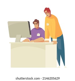 Two happy male programmers at their work place in office flat vector illustration