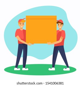 Two happy man carrying big cardboard box. Delivery service workers in red uniform with cap. Flat cartoon illustration for web or banners.