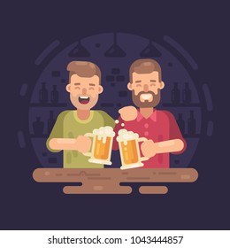 Two happy men drinking beer in a bar flat illustration