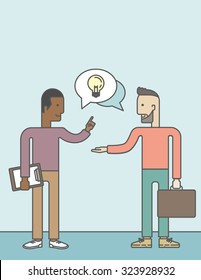Two happy men facing each other sharing ideas with speech bubble on the top of their heads. Business partnership concept. Vector line design illustration. Vertical layout with a text space.