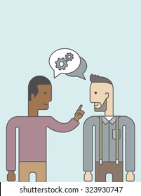 Dos hombres felices enfrentándose entre sí compartiendo ideas con burbujas de voz en la parte superior de sus cabezas. Concepto de asociación empresarial. Ilustración de diseño de línea de vector. Diseño vertical con un espacio de texto.