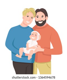 Two happy men hugging and cuddling baby boy or girl. Gay parents holding adopted baby and expressing love and care. LGBT family.