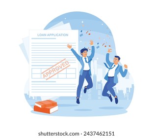 Two happy men jump in the air. A loan application that the bank has approved. Approved Loan concept. Flat vector illustration.