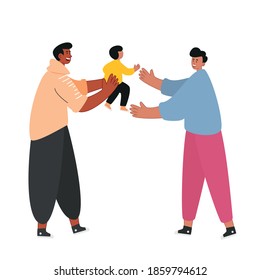 Two happy men are raising an adopted child. An unconventional family of male homosexuals. Gay parents. Vector illustration of an LGBT family