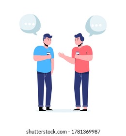 Two happy men sharing and discussion. Flat vector illustration