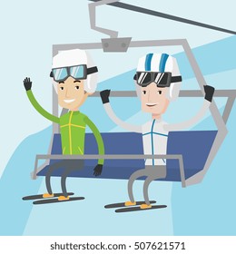 Two happy men sitting on ski elevator in winter mountains. Skiers using cableway at ski resort. Skiers on cableway in mountains at winter sport resort. Vector flat design illustration. Square layout.