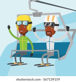 Two happy men sitting on ski elevator in winter mountains. Skiers using cableway at ski resort. Skiers on cableway in mountains at winter sport resort. Vector flat design illustration. Square layout.