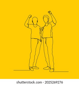 two happy men standing and raising hands in one line vector illustration