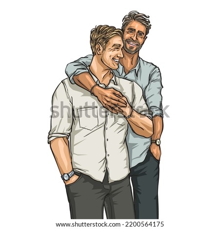 Two happy men standing together. Gay couple