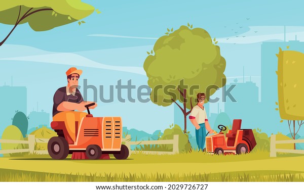 Two happy men working on lawn mower cars\
mowing green grass in park with city silhouette on background\
cartoon vector\
illustration