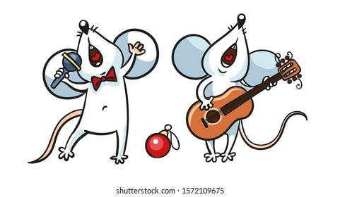Two happy mice sing and play the guitar in a rock band.  Animal cartoon characters. Symbol of the Chinese horoscope, New Year celebration.  Isolated on white background. 