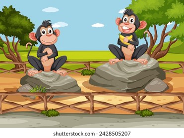 Two happy monkeys sitting on rocks over a bridge