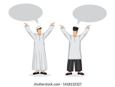 Two happy muslim friends with empty speech bubble. Flat isolated cartoon vector illustration. 