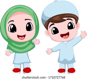 Two happy muslim kid cartoon