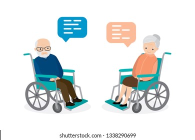 Two happy old people on wheelchair,couple of elderly characters talking, isolated on white background,flat vector illustration