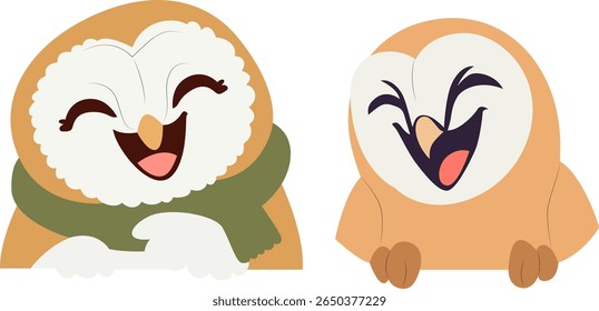 Two Happy Owls Cartoon hand drawn
