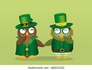 Two happy owls in national costume at Patrick's Day holding hands. Greeting card with owlet. Free space for your ad or text. Vector illustration on green background
