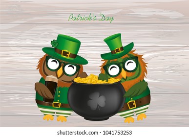 Two happy owls with a pot of gold coins in a national costume and glasses for St. Patrick's Day. The wing climbed into the cauldron. Greeting card for the holiday with blank space. Invitation. Vector.