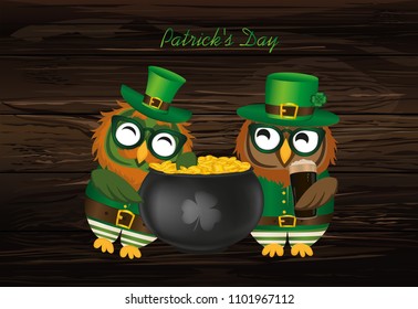 Two happy owls with a pot of gold coins in a national costume and glasses for St. Patrick's Day. The wing climbed into the cauldron. Greeting card for the holiday. Invitation. Vector.