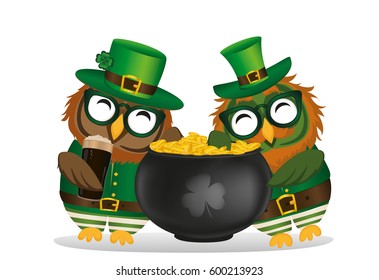 Two happy owls with a pot of gold coins in a national costume and glasses for St. Patrick's Day. Greeting card for the holiday with a blank space for text or advertising. Invitation. Vector