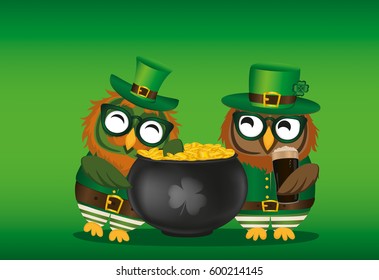 Two happy owls with a pot of gold coins in a national costume and glasses for St. Patrick's Day. Greeting card for the holiday with a blank space for text or advertising. Invitation. Vector