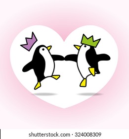 Two Happy Penguins with Paper Hats Dancing with White Heart on Pale Pink Background