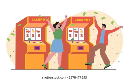 Two happy people celebrate winning at slot machines with confetti and cash in the air. Bright, colorful design on a light background. Concept of success. Vector illustration