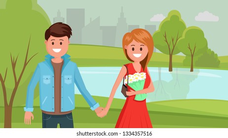 Two happy people character walking in the park. Lifestyle concept