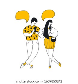 Two happy people holding mobile phones and speaking, chatting, talking, messaging and communicate with each other. Line clean flat vector yellow illustration on white.