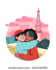 Duas pessoas felizes abraçando carinhosamente com a Torre Eiffel e a paisagem urbana de Paris ao fundo, em estilo plano com tons quentes. Ilustração vetorial