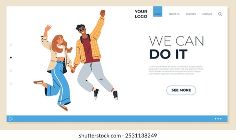 Two happy people jumping in excitement create an energetic visual. Ideal for teamwork, motivation, positivity, collaborative effort, and startup culture. Simple and modern style with vibrant colors