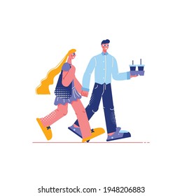 Two happy people walking with drinks flat vector illustration