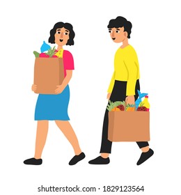 Two happy people walking with paper bags full of grocery. Hand drawn flat style smiling couple carrying fresh food. Family shopping concept isolated on white background. Fun modern vector illustration