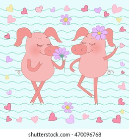 Two happy piglets with a flower on head. Pig sticker in cartoon style. Piggy on background from wavy lines and hearts