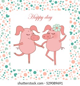 Two Happy pigs, piggy girl with a flower in a hand. Vector funny illustration for Valentine's Day, wedding design, scrapbook, textiles. Cartoon style. Romantic pattern with Hearts and peas.