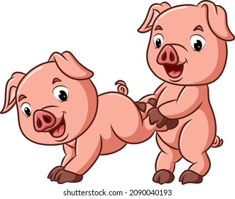 The two happy pigs are playing together of illustration