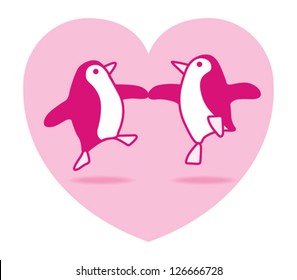 Two Happy Pink Penguins Dancing in a Pink Heart on White Background
