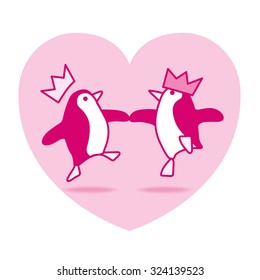 Two Happy Pink Penguins with Paper Hats Dancing with Pink Heart on White Background