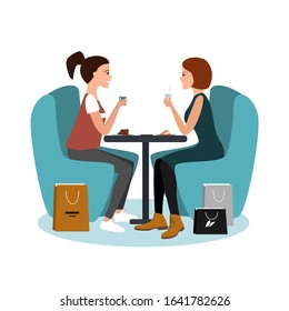 Two happy pretty girls sitting at the cafe after shopping isolated over white background. Vector flat illustration