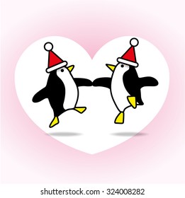 Two Happy Santa Penguins Dancing with White Heart on Pale Pink Background