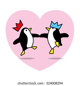 Two Happy Santa Penguins with Paper Hats Dancing with Pink Heart on White Background