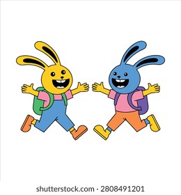 Two happy school bunnies jumping colorful cartoon illustration with back to scho
