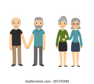 Two Happy Senior Gay Couples Isolated On White Background. Older Men And Women In Casual Clothes Holding Hands. Simple And Cute Cartoon Style.