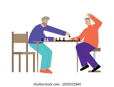 Two happy senior men playing chess flat vector illustration
