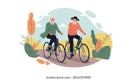 Two happy senior men riding bicycles along a scenic autumn park pathway, enjoying an active healthy retirement, vector illustration.