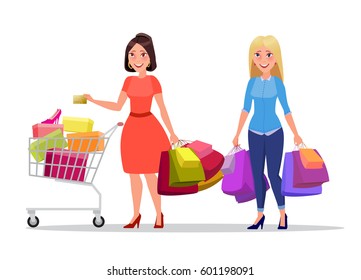 Two happy shopping girls or women. Brunette with golden credit card and bags or packages with purchases and shopping cart. Queue up Sale. Vector characters illustration stock vector in cartoon style