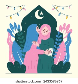 Two Happy Sisters Flat Ramadan and Eid Fitr Illustration