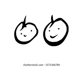 Two happy smiling apples. Cartoon apple logo. Ink brush drawing. Stock vector illustration.