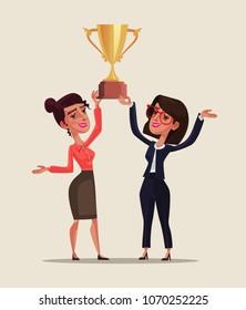 Two happy smiling business woman character holding golden cup together and celebrate victory win triumph. Successful teamwork cooperation employee entrepreneur competition champion concept. Vector